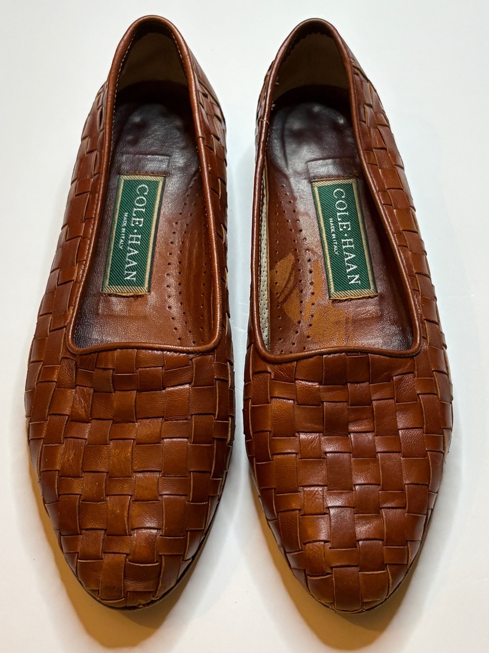 COLE HAAN  LEATHER BRAIDED woven tan LEATHER SLIDES HANDMADE IN ITALY SZ 6.5